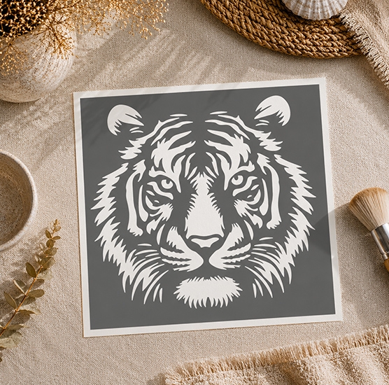 Pochoir Adhésif Tête de Tigre 22x20 cm – Motif Jungle Sauvage pour Décoration DIY