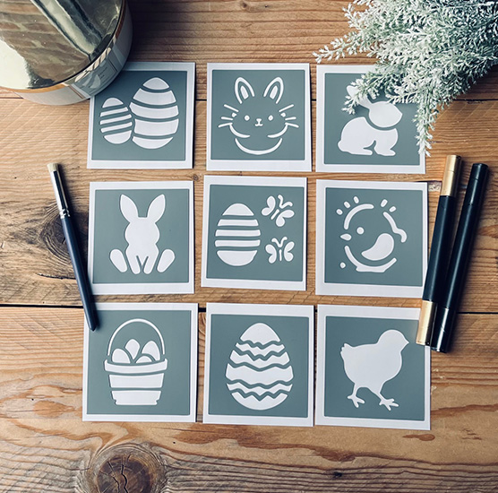 Lot de 9 Mini Pochoirs Adhésifs PVC, Motif Décorations de Pâques, 8 x 8 cm.