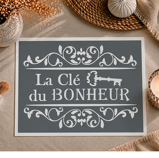 Pochoir Adhésif Médaillon La Clé du Bonheur Vintage 30x20 cm - Décoration Meuble Multi support