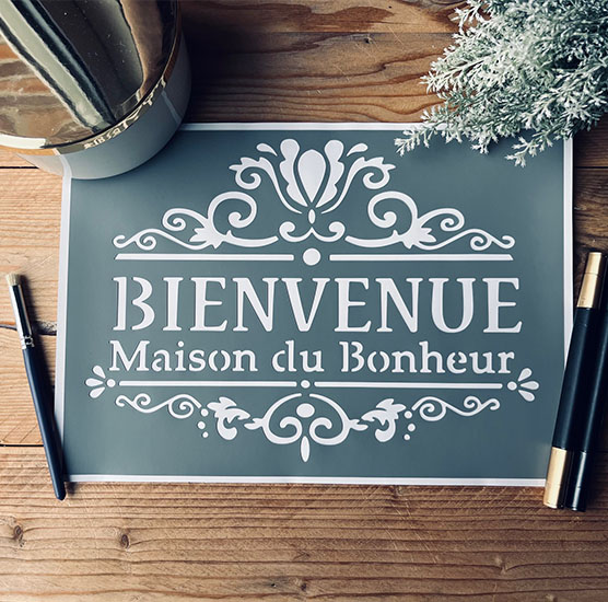 Pochoir Adhésif 30 x 20 cm Affiche Bienvenue Maison Bonheur
