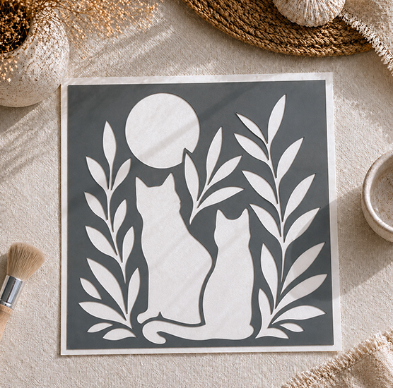 Pochoir Chat 20x20 cm Réutilisable – Motif Chats & Lune Bohème Déco Murale DIY