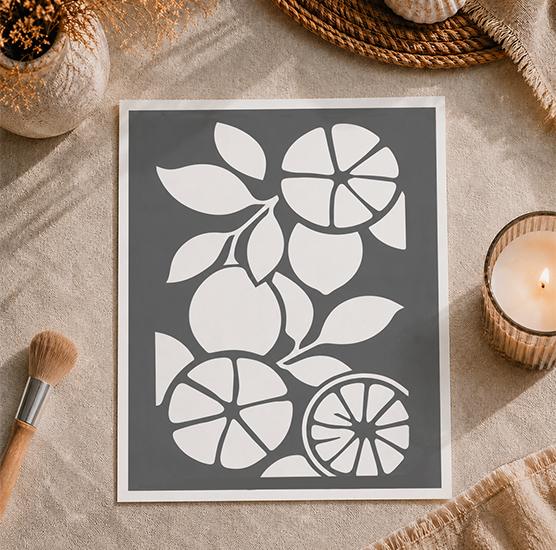 Pochoir Citrons et Feuillage 25x20 cm Adhésif Réutilisable – Déco Méditerranéenne Cuisine