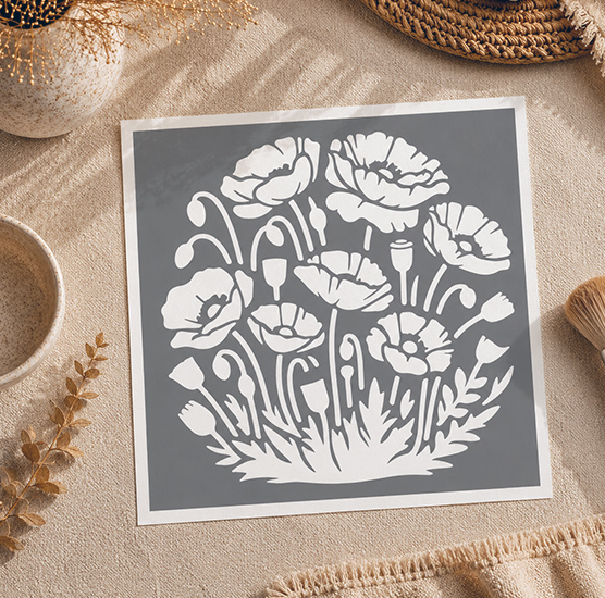 Pochoir Adhésif Coquelicots Sauvages 20x20 cm – Motif Floral Champêtre et Nature