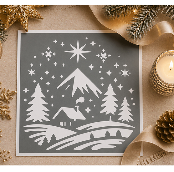 Pochoir Adhésif Paysage Hiver Chalet & Montagne 20x20 cm – Déco Noël DIY