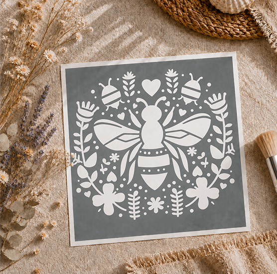 Pochoir Abeille et Fleurs 20x20 cm – Décoration Nature, Jardin & Printemps