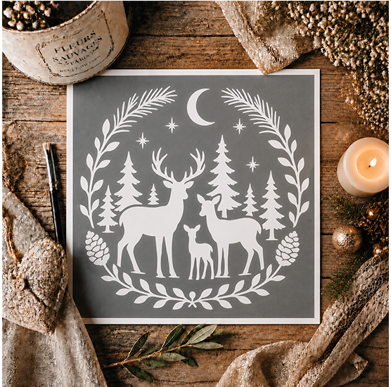 Pochoir Adhésif Couronne de Noël Forêt Nordique 20x20 cm – Cerf, Biche, Faon et Sapins