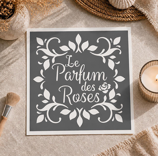 Pochoir Médaillon Parfum des Roses 20x20 cm – Pochoir Floral Vintage Réutilisable