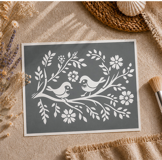Pochoir Adhésif Oiseaux & Fleurs 25x20 cm – Ambiance Champêtre, Nature & Bohème Chic