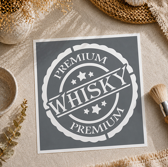 Pochoir Adhésif Whisky Premium 20x20 cm – Pochoir Médaillon Vintage Déco Bar Cuisine DIY