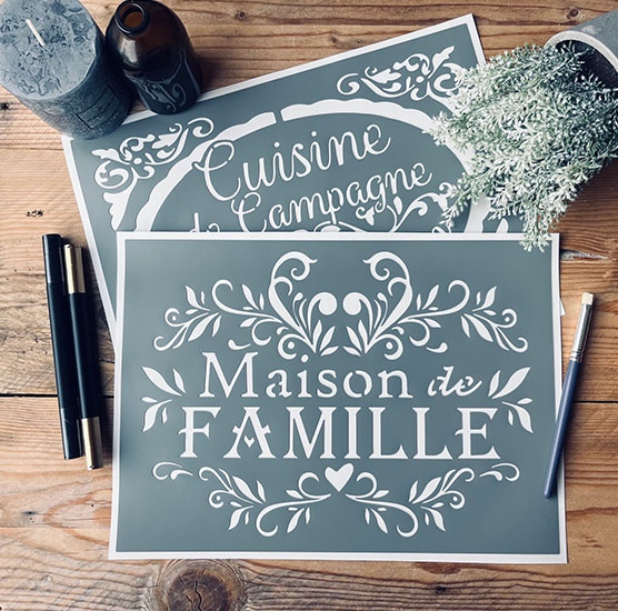 Lot 2 Pochoirs Adhésifs Cuisine & Famille 30x20 cm – Style Vintage Déco Meuble Maison