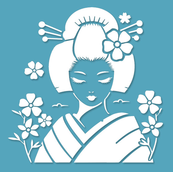 Pochoir Adhésif 22 x 20 cm Silhouette Femme Asiatique & Fleurs cerisier
