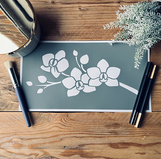 Pochoir adhésif orchidée 30x15 cm – motif branche fleur réutilisable pour décoration meuble, mur et DIY