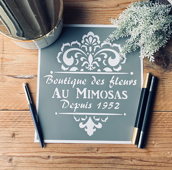 Pochoir Adhésif Style Nature en PVC, Motif Affiche Boutique des Fleurs, 25 x 20 cm