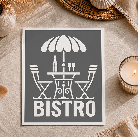 Pochoir Bistrot Vintage 22x20 cm – Table, Chaises & Parasol Déco Terrasse Réutilisable