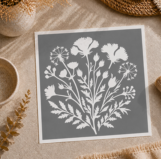 Pochoir Adhésif Bouquet de Fleurs Sauvages 20x20 cm – Style Champêtre et Nature