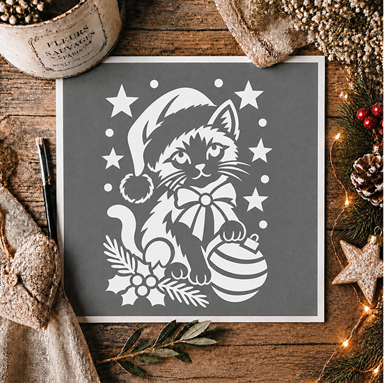 Pochoir Adhésif Chat de Noël avec Boule & Étoiles 20x20 cm – Stencil Réutilisable en PVC