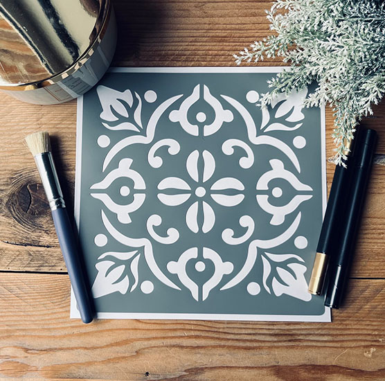 Pochoir Adhésif en PVC, Motif Carrelage, Faïence Fleurs & Pois 20 x 20 cm