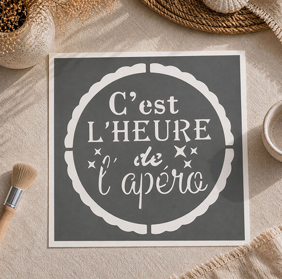 Pochoir Adhésif Médaillon C’est l’Heure de l’Apéro 20x20 cm Pochoir Déco Cuisine Bar DIY