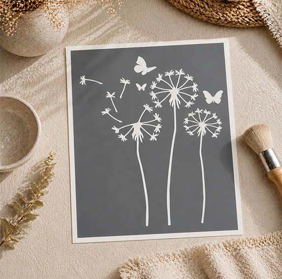 Pochoir Pissenlits Papillons 25x20 cm – Pochoir Adhésif Décoration Nature Florale Réutilisable