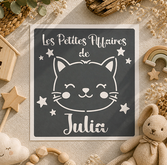 Pochoir Chaton Personnalisé 18x18 cm “Les Petites Affaires de” avec Prénom, Tote Bag, Multi-Support