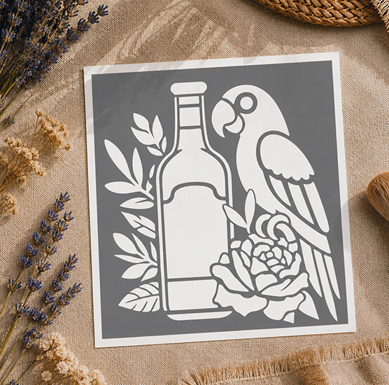 Pochoir Adhésif Perroquet Tropical & Bouteille 20x20 cm – Motif Exotique pour Décoration DIY