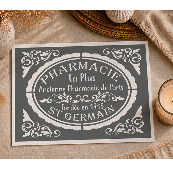 Pochoir Pharmacie Vintage Paris 1915 30x20 cm – Enseigne Apothicaire Réutilisable Déco