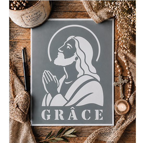 Pochoir Adhésif Jésus en Prière « GRÂCE » 25x18 cm – Motif Chrétien et Religieux Vintage