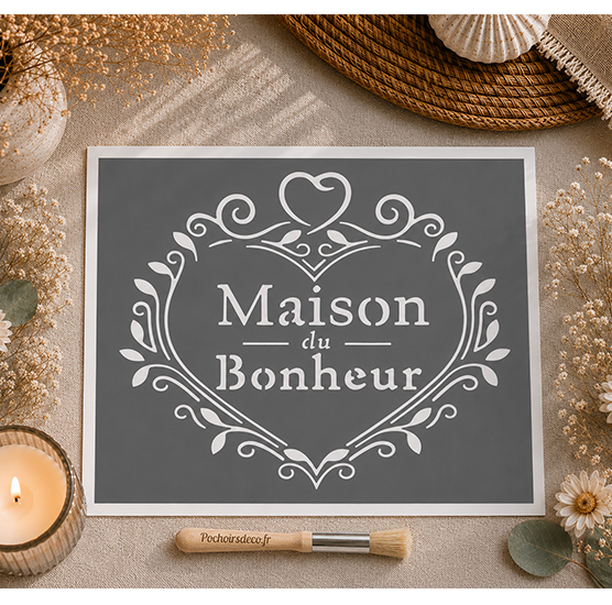 Pochoir Adhésif Cœur Maison du Bonheur 25x20 cm – Style Campagne Chic