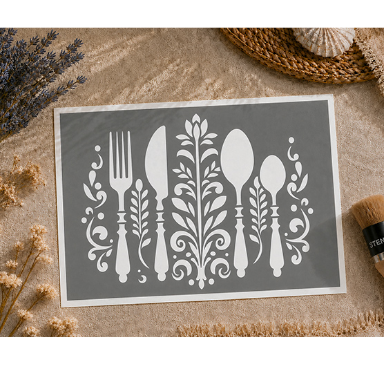 Pochoir Adhésif Cuisine Baroque 30x20 cm – Motif Couverts Vintage Élégant