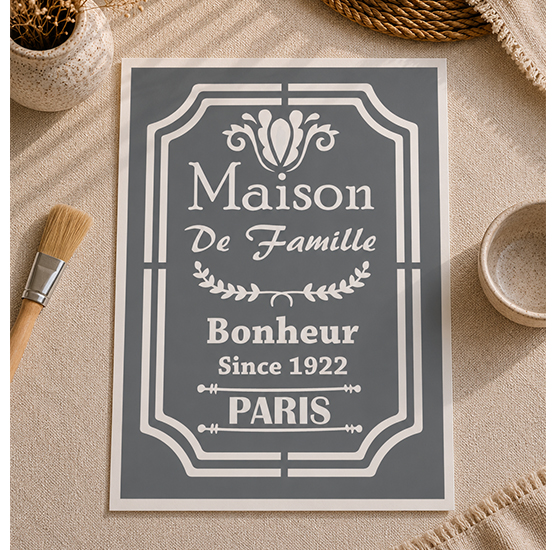 Pochoir Affiche Style Vintage Maison de Famille & Bonheur 30x20 cm – Déco Murale Réutilisable
