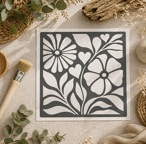 Pochoir Fleurs, Feuilles et Petits Cœurs 20x20 cm – Pochoir Déco Romantique et Florale
