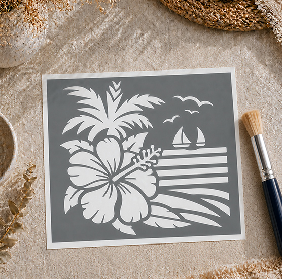 Pochoir Adhésif 20 x 20 cm Paysage Vacances & Fleur Hibiscus