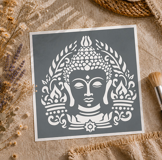 Pochoir Adhésif Visage de Bouddha Zen 20x20 cm – Déco Méditation et Harmonie