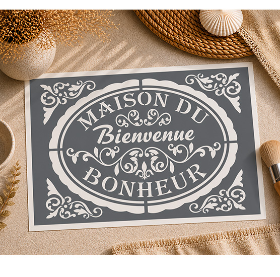 Pochoir Maison du Bonheur Vintage 30x20 cm – Décoration Murale et Meuble Style Campagne Chic