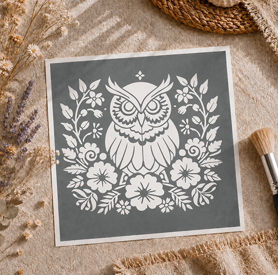 Pochoir Adhésif Chouette Florale 25x20 cm – Déco Bohème & Nature