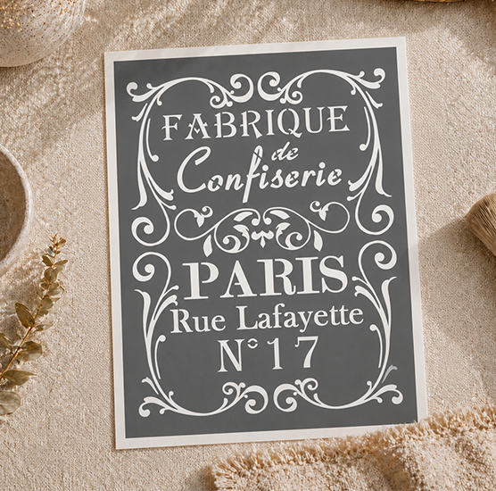 Pochoir Fabrique Confiserie Paris Vintage 30x20 cm – Déco Cuisine Gourmande Réutilisable