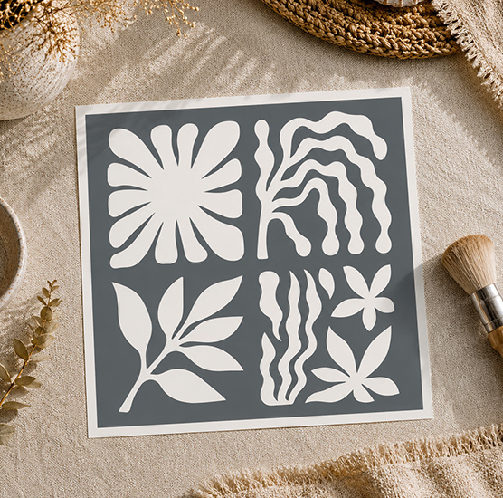 Pochoir Feuillage Bohème 20x20 cm – Motif Floral Abstrait Déco Murale DIY Réutilisable