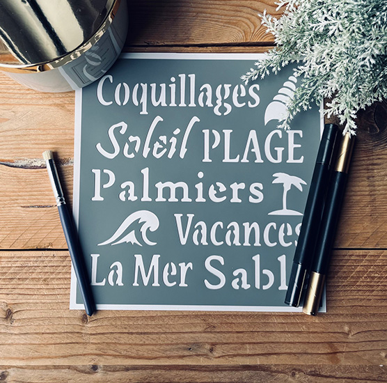 Pochoir Adhésif Style Mer en PVC, Motif Lettrages Thématique, 20 x 20 cm