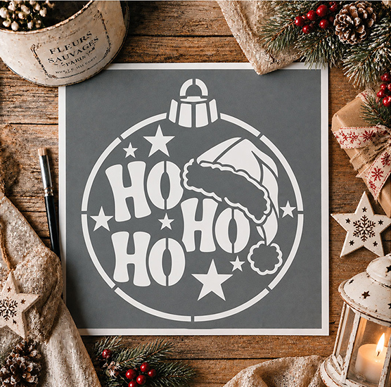 Pochoir Adhésif Ho Ho Ho de Noël 20x20 cm – Stencil Père Noël & Boule de Noël