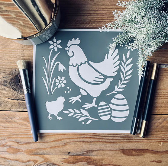 Pochoir Adhésif Style Pâques en PVC, Motif Poules & Oeufs, 20 x 20 cm