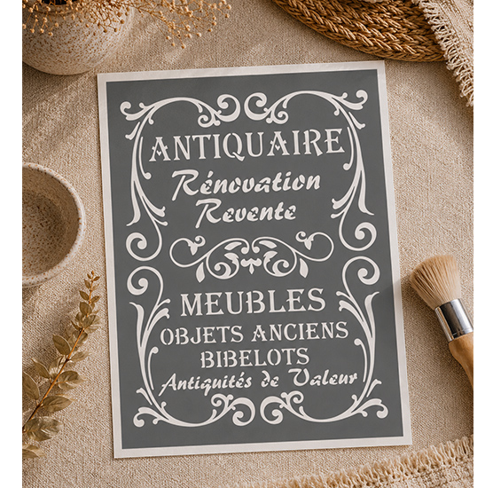 Pochoir Affiche Vintage Antiquaire Meubles & Objets 30x20 cm – Décoration Brocante Chic