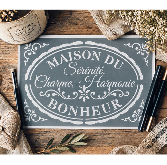Pochoir Adhésif Maison du Bonheur 30x20 cm – Déco Campagne Chic et Ambiance Harmonieuse