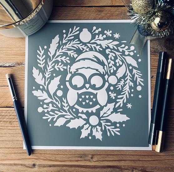 Pochoir Adhésif 20 x 20 cm Couronne de Noël & Hibou Noël 