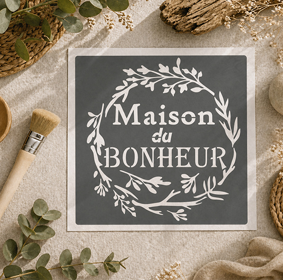 Pochoir Adhésif Couronne Nature Maison du Bonheur 20x20 cm Décoration Champêtre