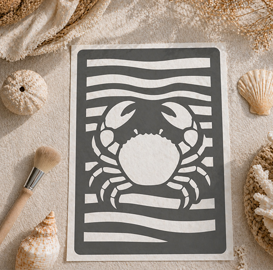 Pochoir Crabe et Vagues 25x18 cm – Pochoir Marin pour Tote Bag et Déco Bord de Mer
