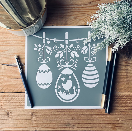 Pochoir adhésif œufs de Pâques suspendus 20x20 cm – décoration DIY, meuble 