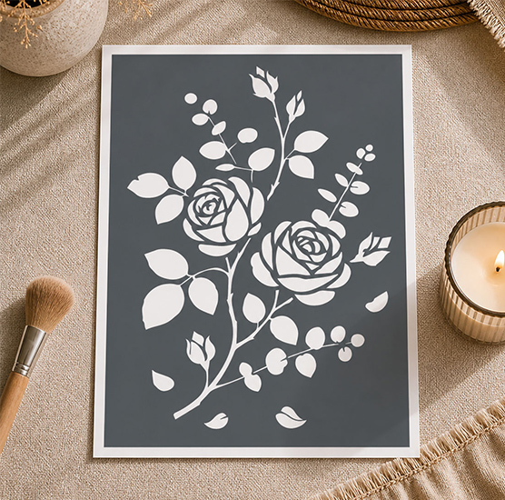 Pochoir Rosier Fleurs Roses Design Floral 25x20 cm – Pochoir Adhésif Réutilisable Déco Murale et Meuble