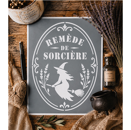Pochoir Adhésif Sorcière 25x20 cm – « Remède de Sorcière », Magie, Potion et Halloween