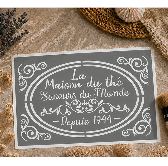 Pochoir Adhésif Vintage Thé & Épicerie Fine 30x20 cm – Saveurs du Monde