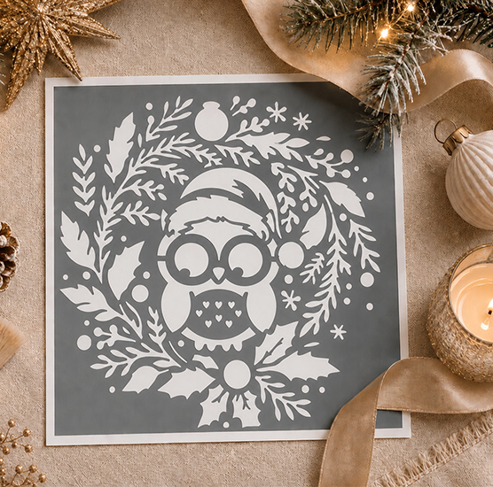 Pochoir Adhésif Chouette de Noël avec Couronne 20x20 cm – Décoration Hivernale